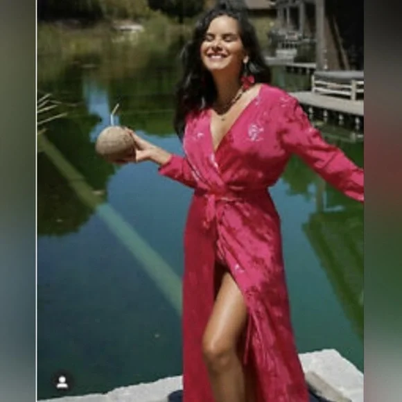 Zara Jacquard Maxi Midi Wrap Dress Size XS Pink Floral Belted Kimono Silky Robe - Picture 2 of 8